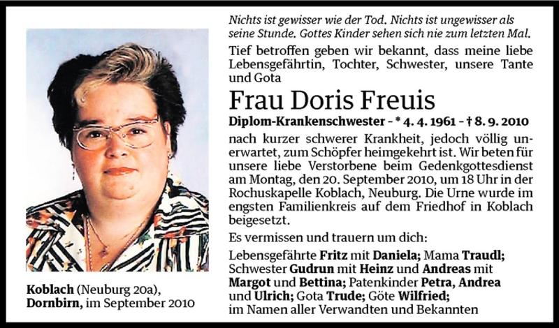  Todesanzeige für Doris Freuis vom 18.09.2010 aus Vorarlberger Nachrichten