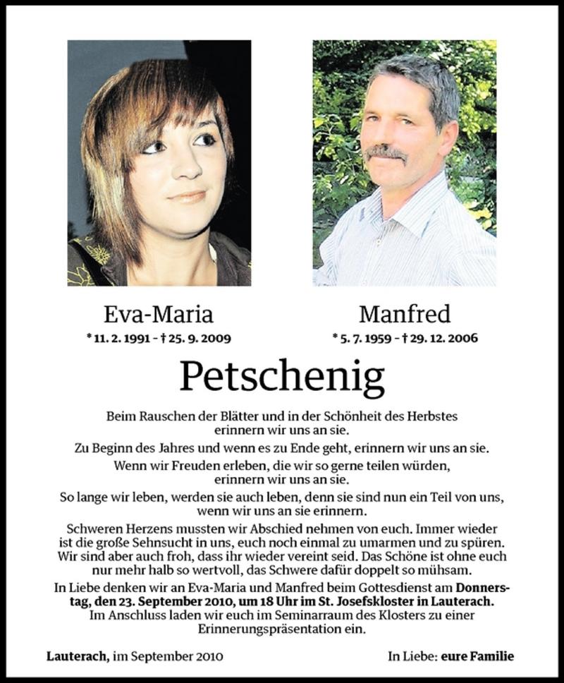  Todesanzeige für Eva-Maria Petschenig vom 21.09.2010 aus Vorarlberger Nachrichten