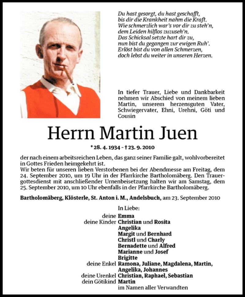  Todesanzeige für Martin Juen vom 24.09.2010 aus Vorarlberger Nachrichten