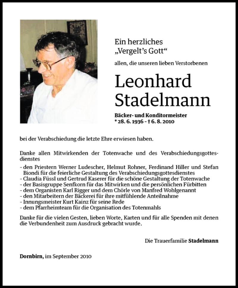  Todesanzeige für Leonhard Stadelmann vom 25.09.2010 aus Vorarlberger Nachrichten