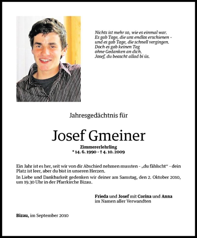  Todesanzeige für Josef Gmeiner vom 30.09.2010 aus Vorarlberger Nachrichten