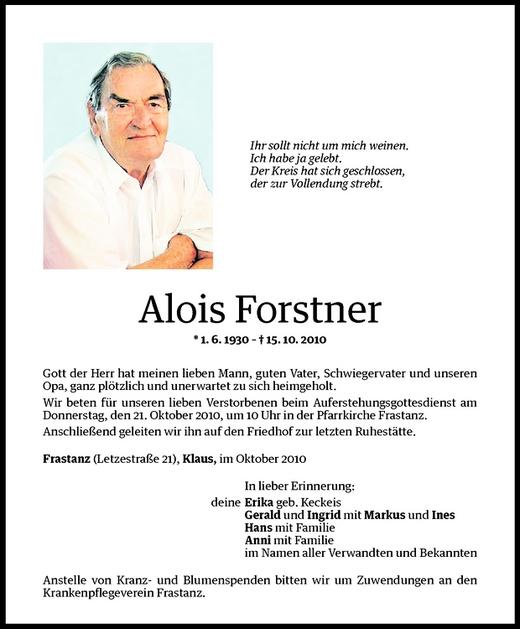 Todesanzeige von Alois Forstner von Vorarlberger Nachrichten