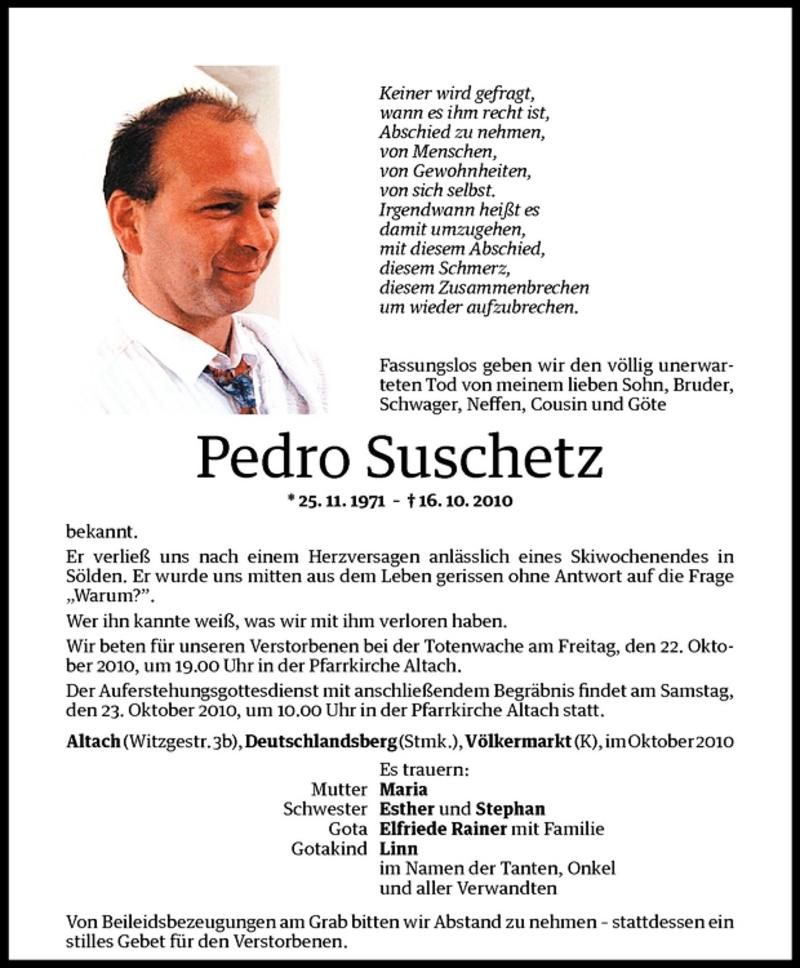  Todesanzeige für Pedro Suschetz vom 21.10.2010 aus Vorarlberger Nachrichten