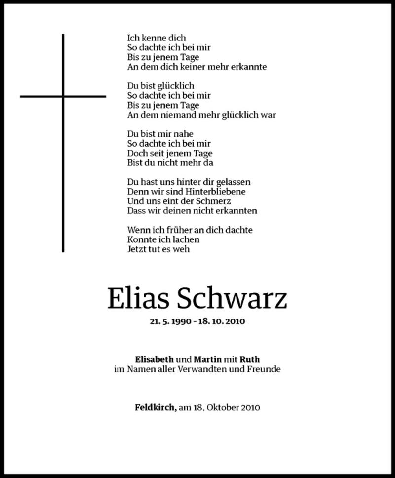  Todesanzeige für Elias Schwarz vom 23.10.2010 aus Vorarlberger Nachrichten