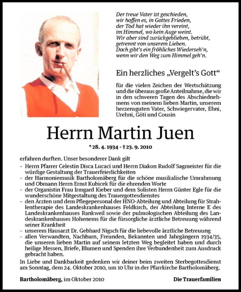  Todesanzeige für Martin Juen vom 23.10.2010 aus Vorarlberger Nachrichten
