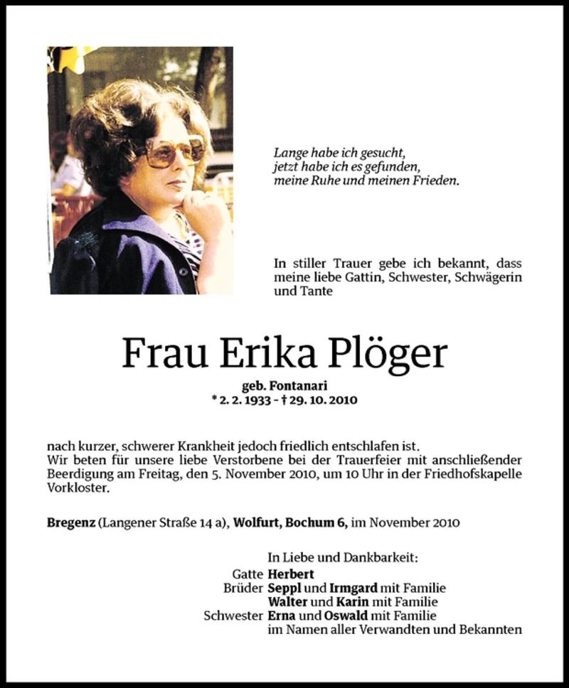 Todesanzeigen von Erika Plöger Todesanzeigen Vorarlberger Nachrichten