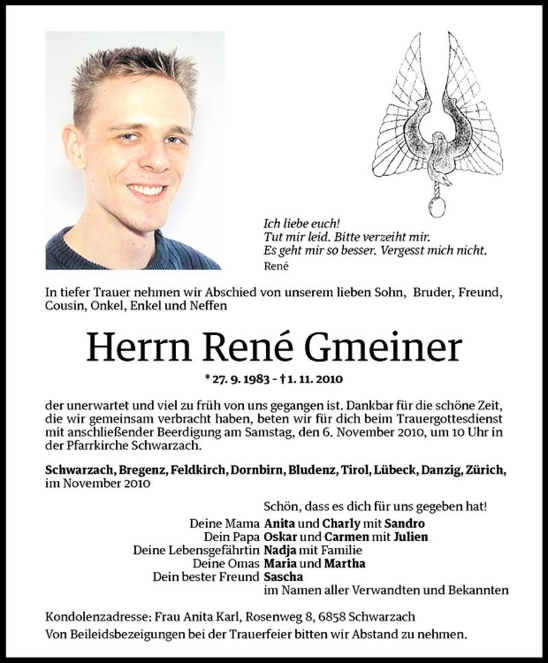  Todesanzeige für René Gmeiner vom 04.11.2010 aus Vorarlberger Nachrichten