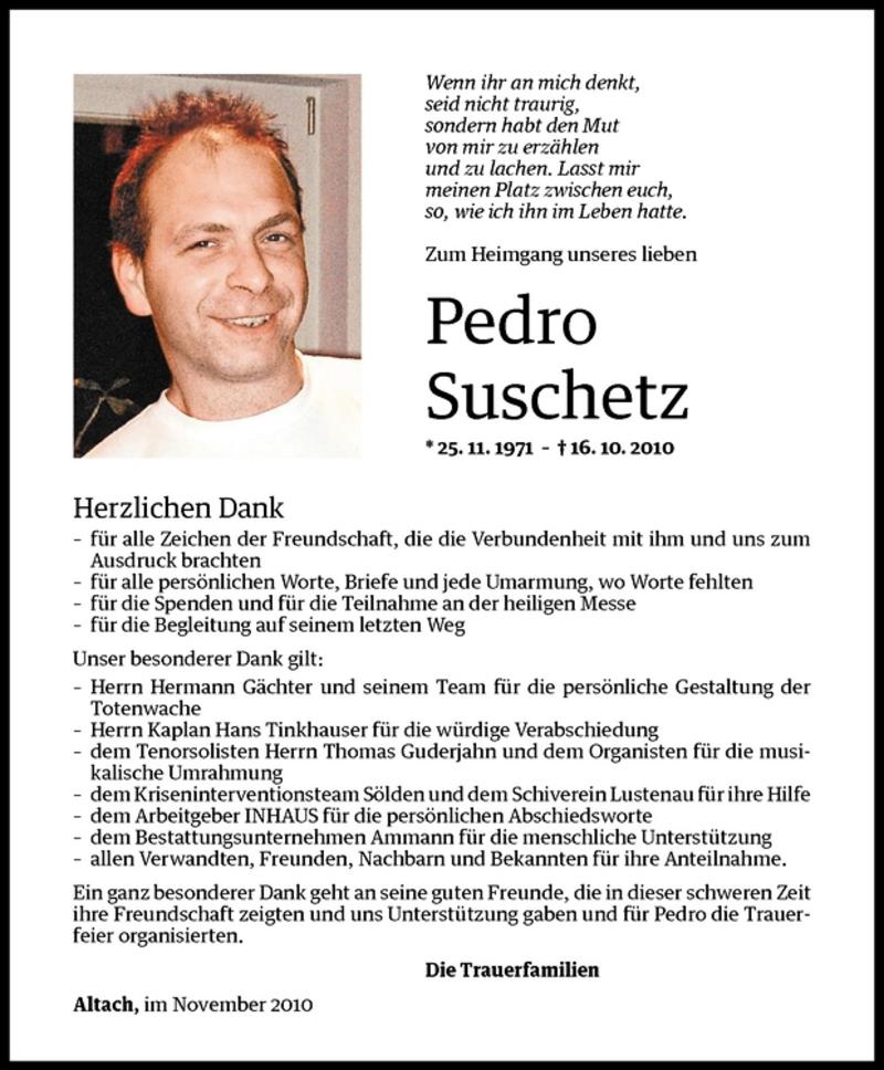  Todesanzeige für Pedro Suschetz vom 06.11.2010 aus Vorarlberger Nachrichten