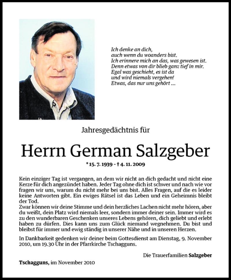  Todesanzeige für Germann Salzgeber vom 06.11.2010 aus Vorarlberger Nachrichten