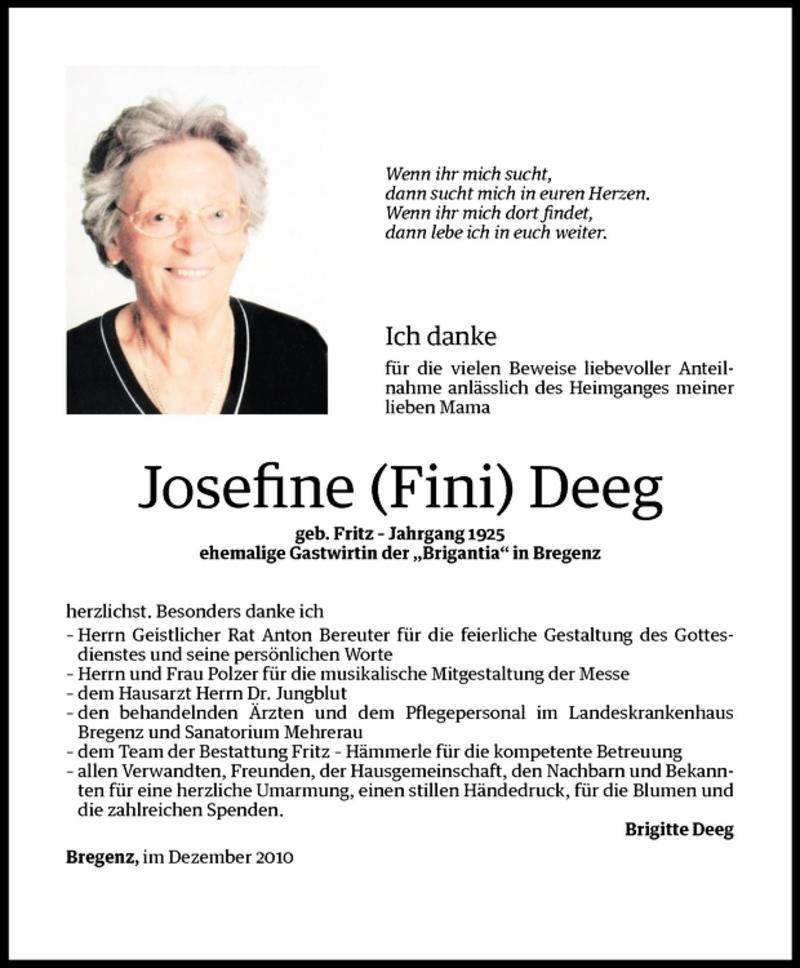 Todesanzeigen von Josefine (Fini) Deeg | Todesanzeigen Vorarlberger ...