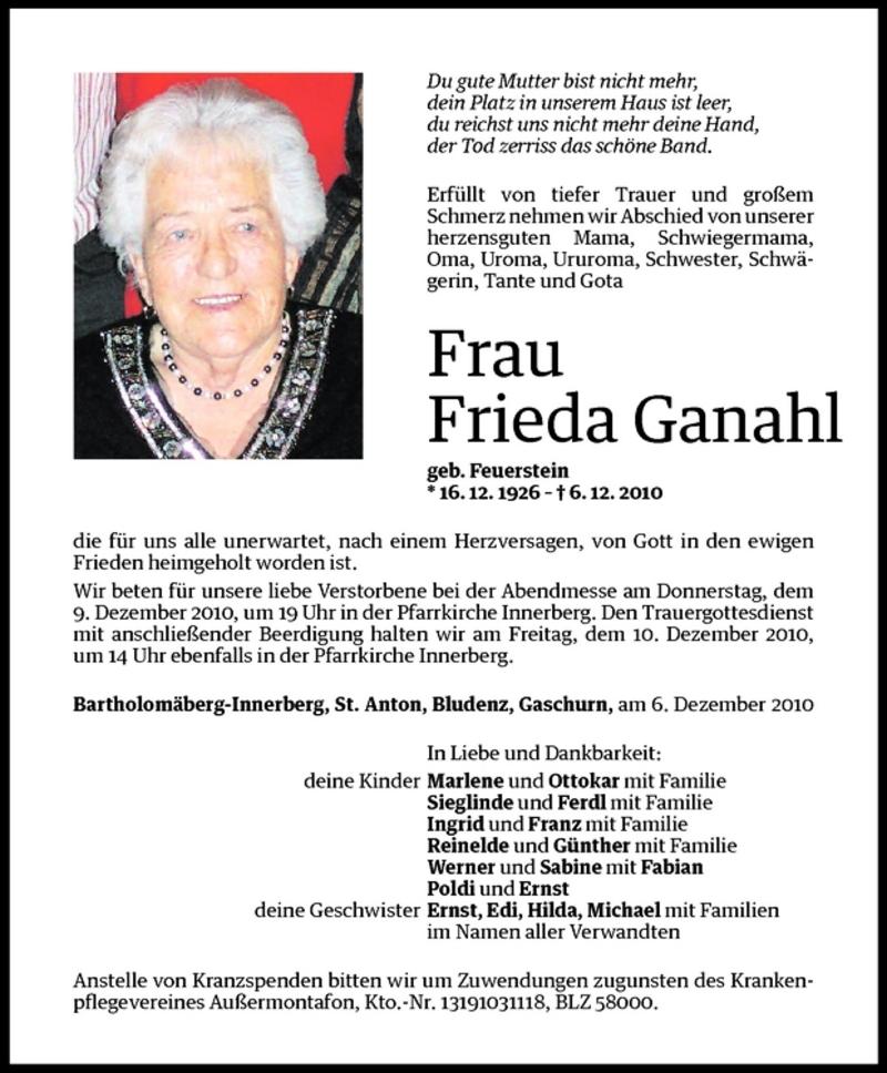  Todesanzeige für Frieda Ganahl vom 08.12.2010 aus Vorarlberger Nachrichten