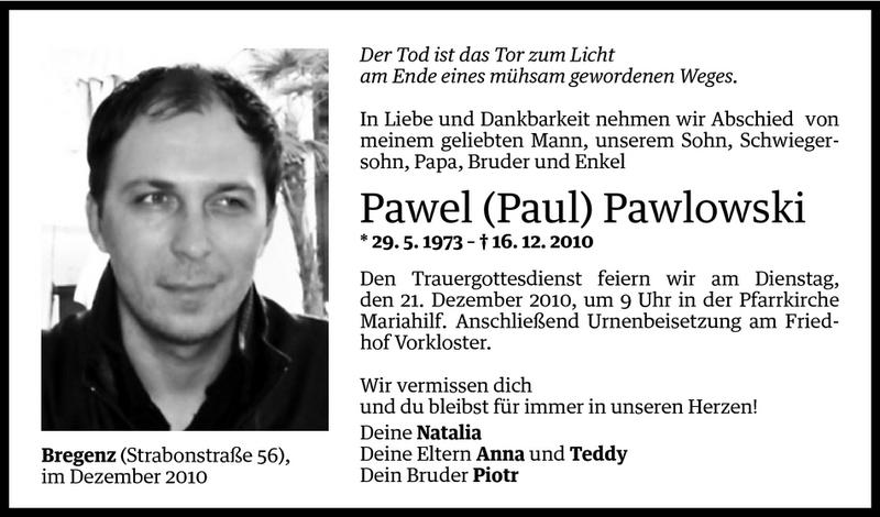  Todesanzeige für Pawel (Paul) Pawlowski vom 18.12.2010 aus Vorarlberger Nachrichten