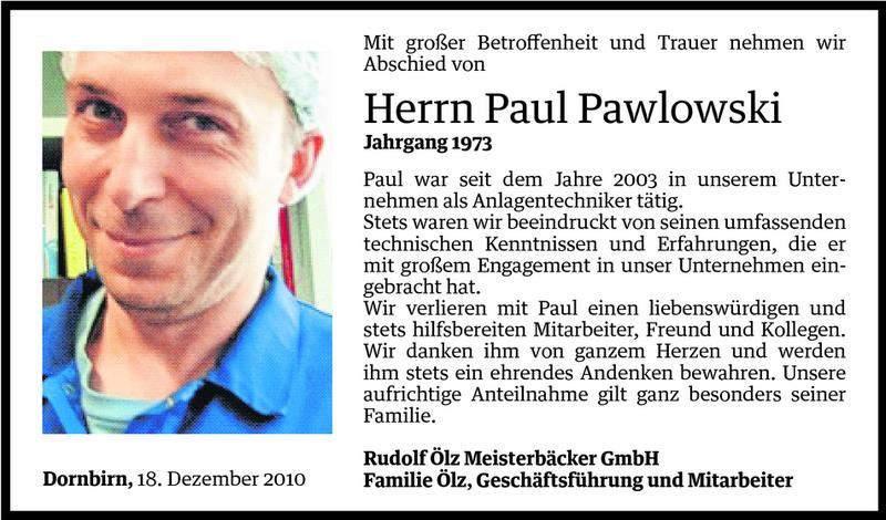  Todesanzeige für Pawel (Paul) Pawlowski vom 18.12.2010 aus Vorarlberger Nachrichten