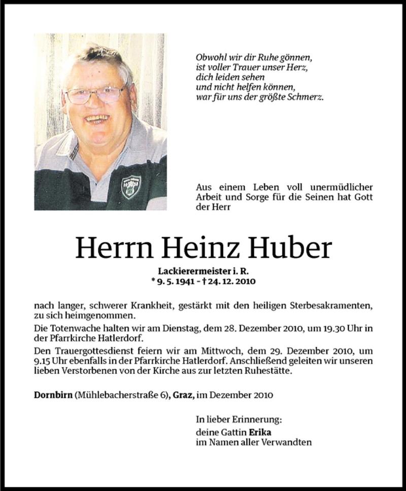  Todesanzeige für Heinz Huber vom 27.12.2010 aus Vorarlberger Nachrichten