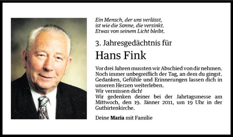  Todesanzeige für Hans Fink vom 17.01.2011 aus Vorarlberger Nachrichten