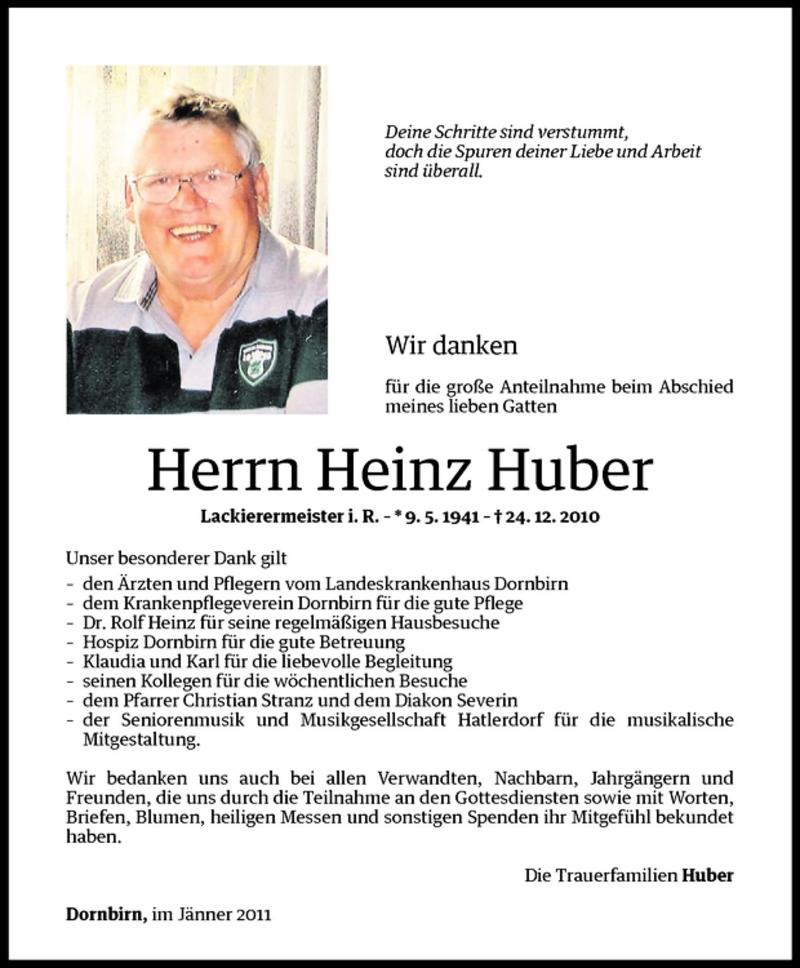  Todesanzeige für Heinz Huber vom 18.01.2011 aus Vorarlberger Nachrichten