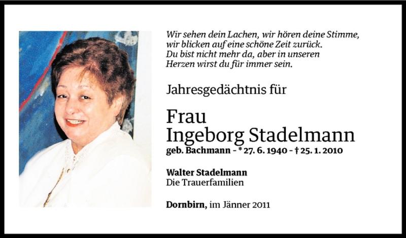  Todesanzeige für Ingeborg Stadelmann vom 25.01.2011 aus Vorarlberger Nachrichten