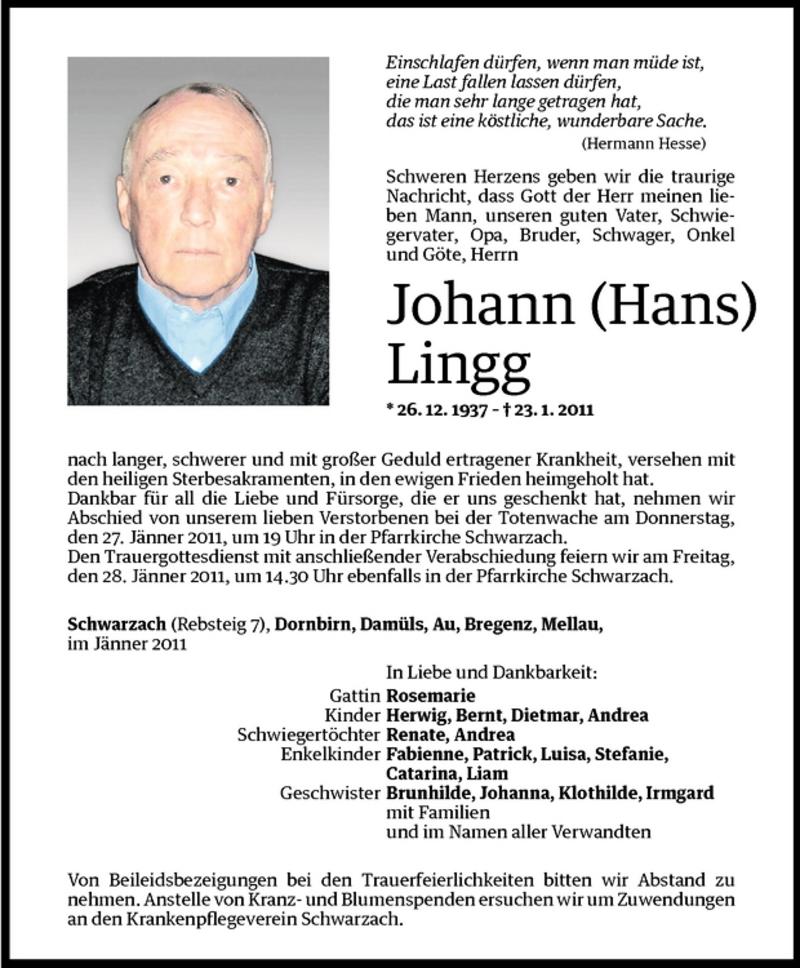  Todesanzeige für Johann (Hans) Lingg vom 26.01.2011 aus Vorarlberger Nachrichten