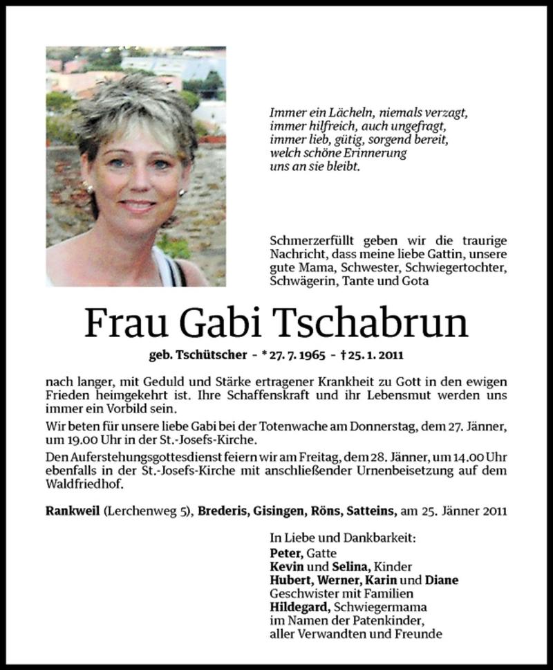  Todesanzeige für Gabi Tschabrun vom 26.01.2011 aus Vorarlberger Nachrichten