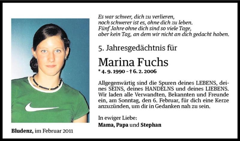  Todesanzeige für Marina Fuchs vom 05.02.2011 aus Vorarlberger Nachrichten