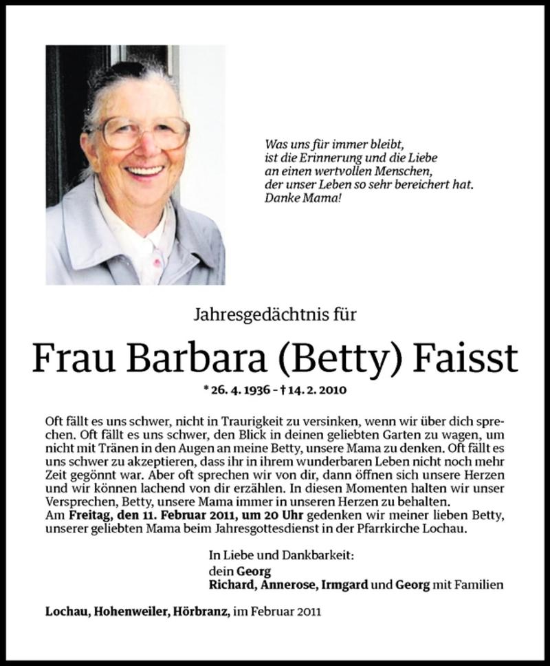  Todesanzeige für Barbara (Betty) Faisst vom 10.02.2011 aus Vorarlberger Nachrichten