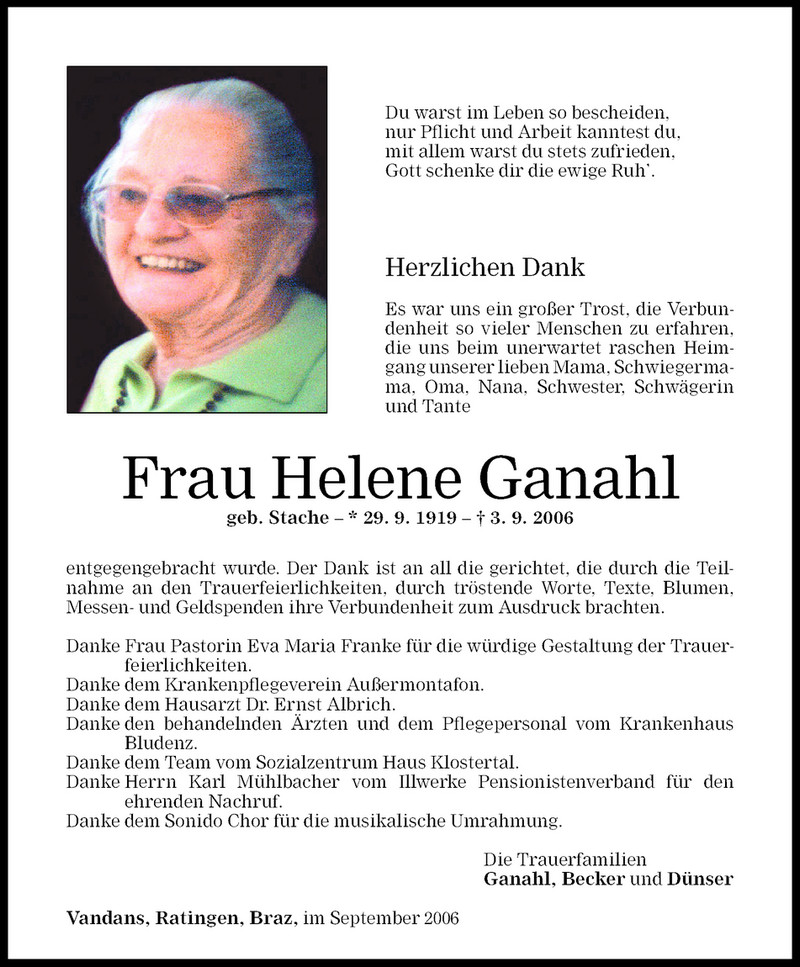 Todesanzeigen von Helene Ganahl | Todesanzeigen Vorarlberger Nachrichten
