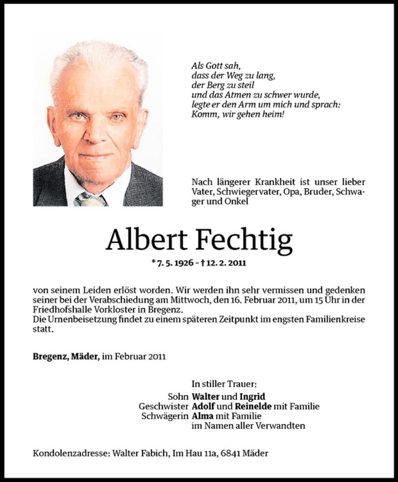 Todesanzeigen Von Albert Fechtig Todesanzeigen Vorarlberger Nachrichten