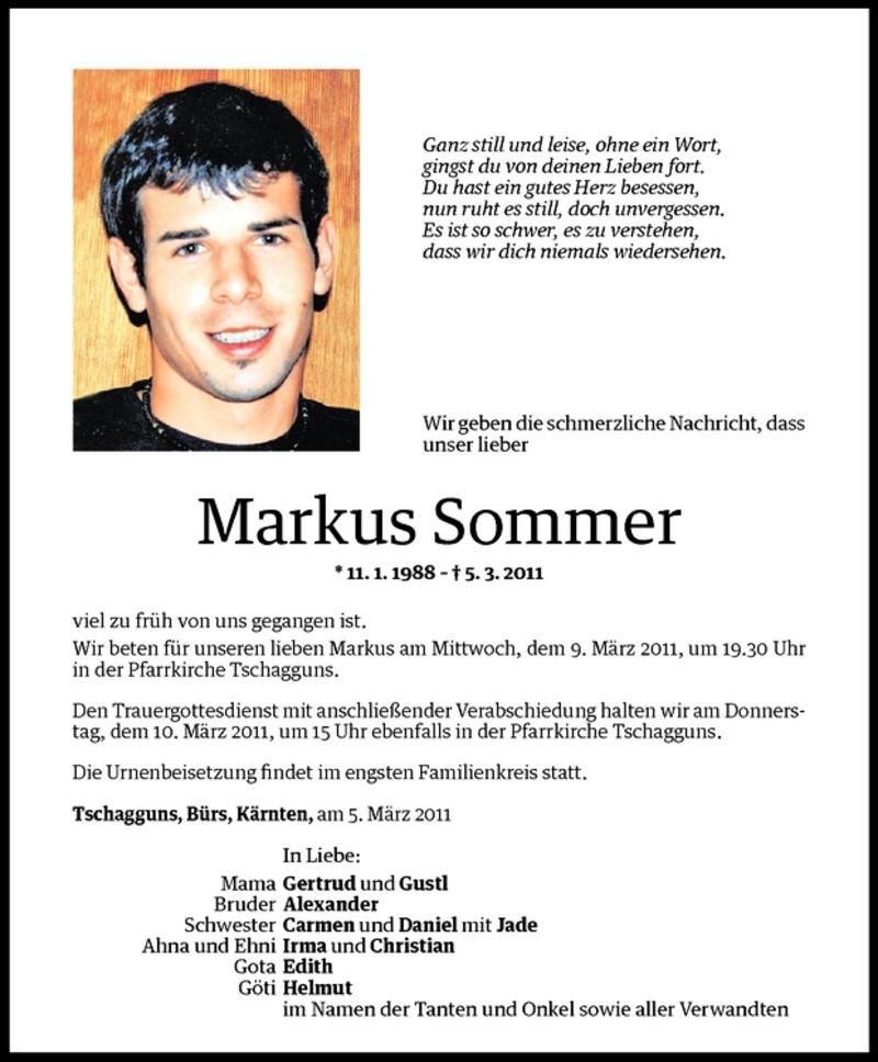  Todesanzeige für Markus Sommer vom 08.03.2011 aus Vorarlberger Nachrichten