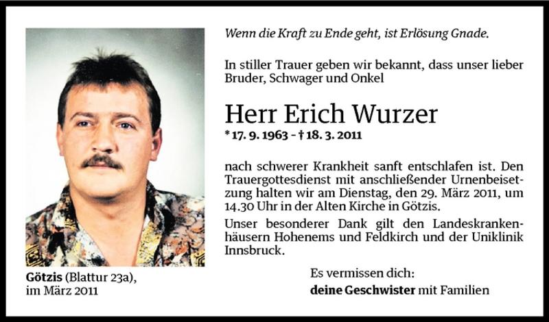  Todesanzeige für Erich Wurzer vom 26.03.2011 aus Vorarlberger Nachrichten