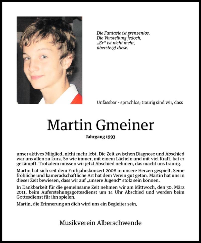  Todesanzeige für Martin Gmeiner vom 30.03.2011 aus Vorarlberger Nachrichten