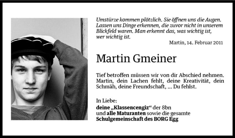  Todesanzeige für Martin Gmeiner vom 30.03.2011 aus Vorarlberger Nachrichten