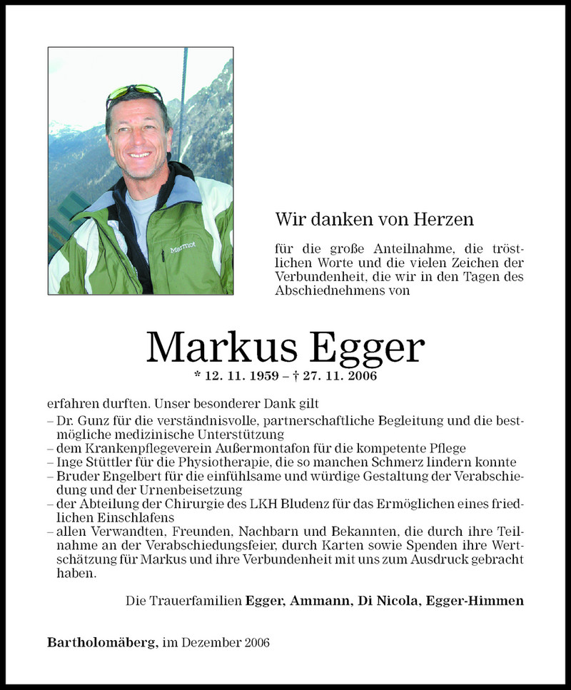  Todesanzeige für Markus Egger vom 16.12.2006 aus Vorarlberger Nachrichten