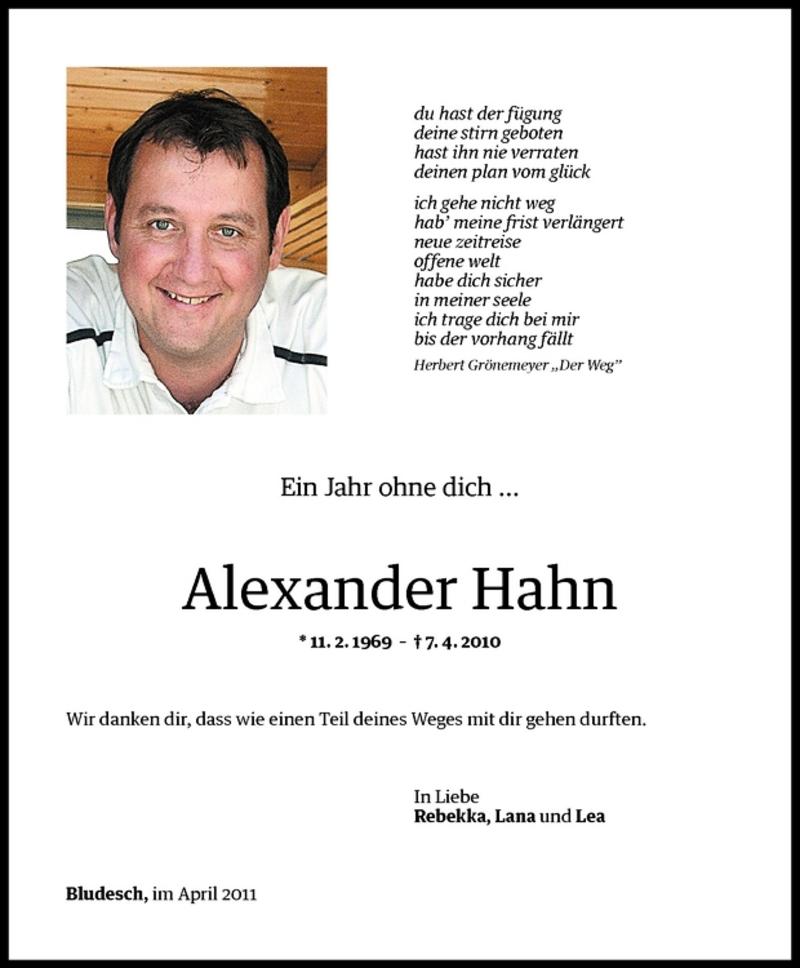 Todesanzeige für Alexander Hahn vom 07.04.2011 aus Vorarlberger Nachrichten