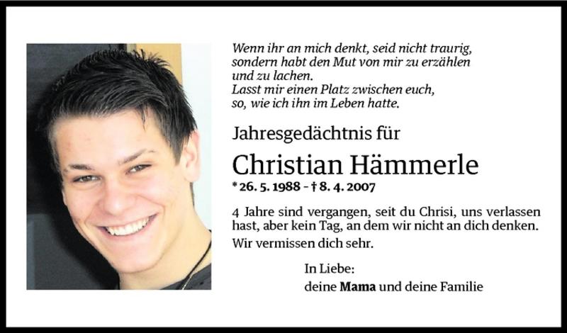  Todesanzeige für Christian Hämmerle vom 08.04.2011 aus Vorarlberger Nachrichten