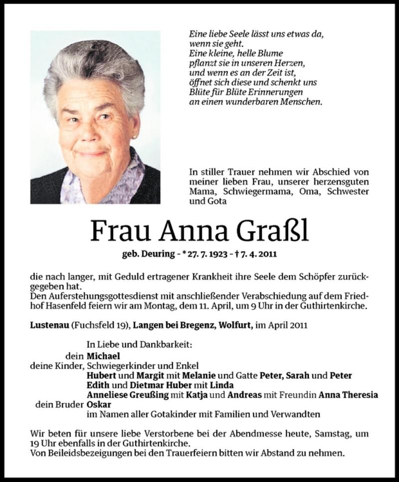  Todesanzeige für Anna Graßl vom 09.04.2011 aus Vorarlberger Nachrichten