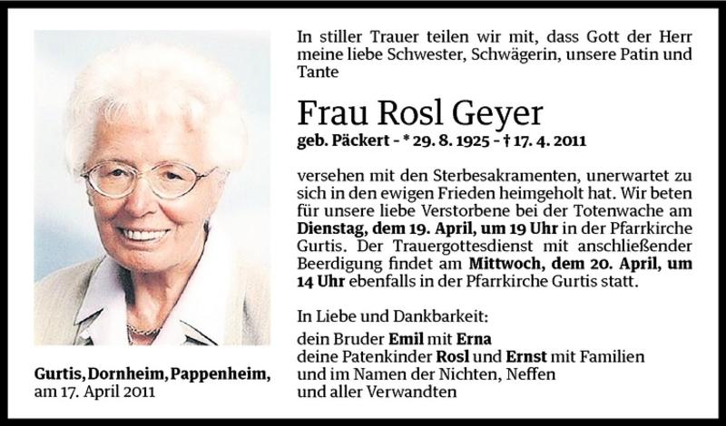  Todesanzeige für Rosl Geyer vom 19.04.2011 aus Vorarlberger Nachrichten