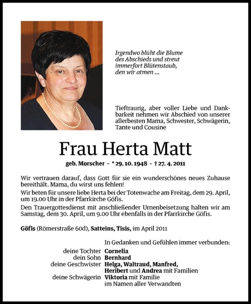  Todesanzeige für Herta Matt vom 29.04.2011 aus Vorarlberger Nachrichten