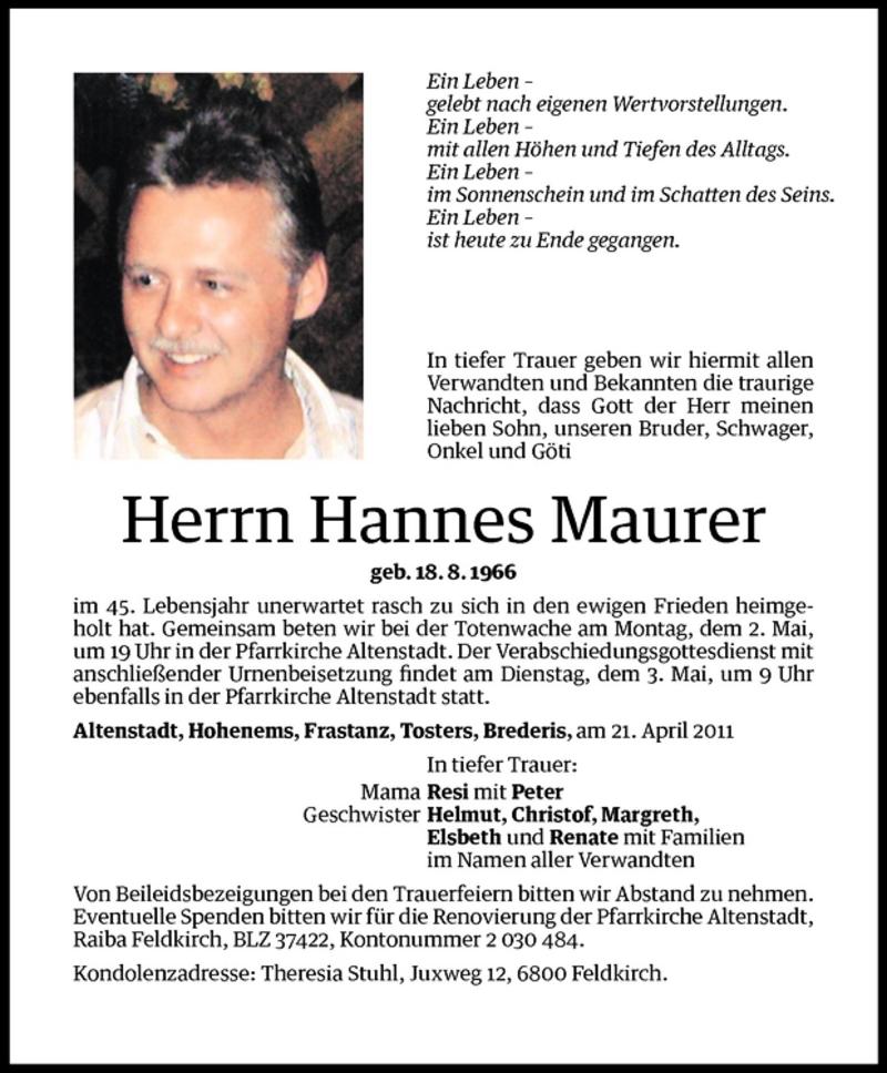  Todesanzeige für Hannes Maurer vom 30.04.2011 aus Vorarlberger Nachrichten