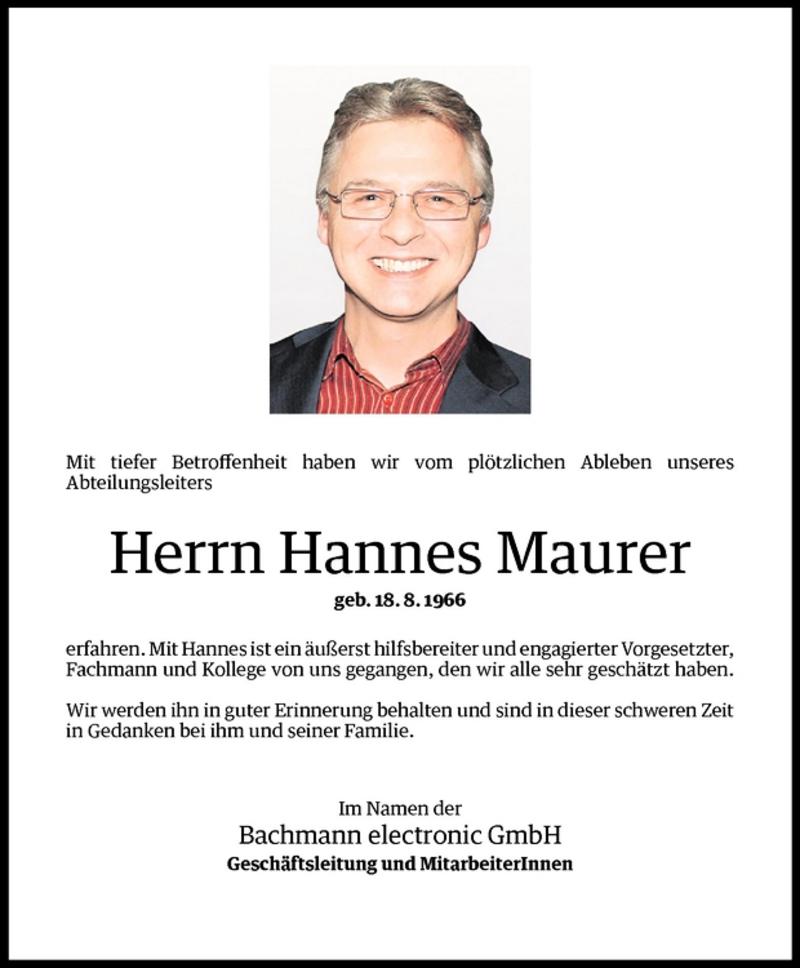  Todesanzeige für Hannes Maurer vom 30.04.2011 aus Vorarlberger Nachrichten
