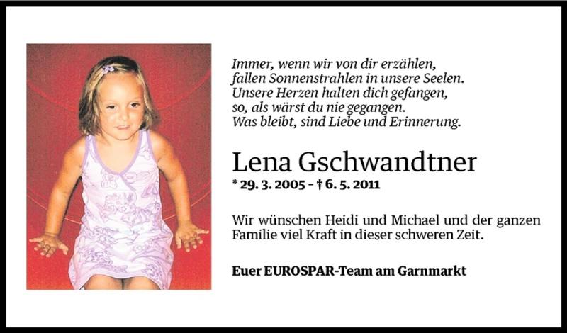  Todesanzeige für Lena Gschwandtner vom 12.05.2011 aus Vorarlberger Nachrichten
