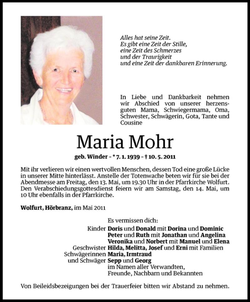  Todesanzeige für Maria Mohr vom 12.05.2011 aus Vorarlberger Nachrichten