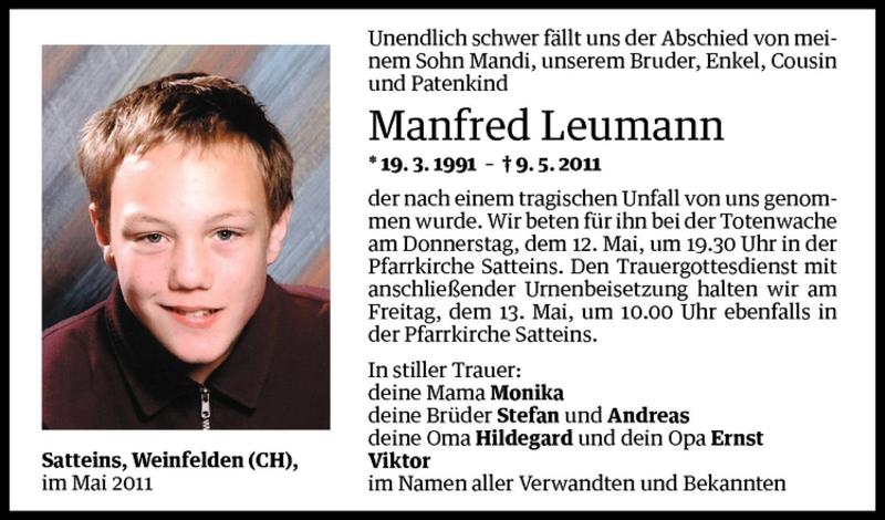  Todesanzeige für Manfred Leumann vom 12.05.2011 aus Vorarlberger Nachrichten
