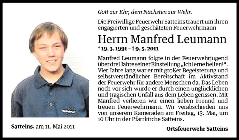  Todesanzeige für Manfred Leumann vom 13.05.2011 aus Vorarlberger Nachrichten