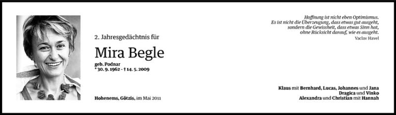  Todesanzeige für Mira Begle vom 14.05.2011 aus Vorarlberger Nachrichten