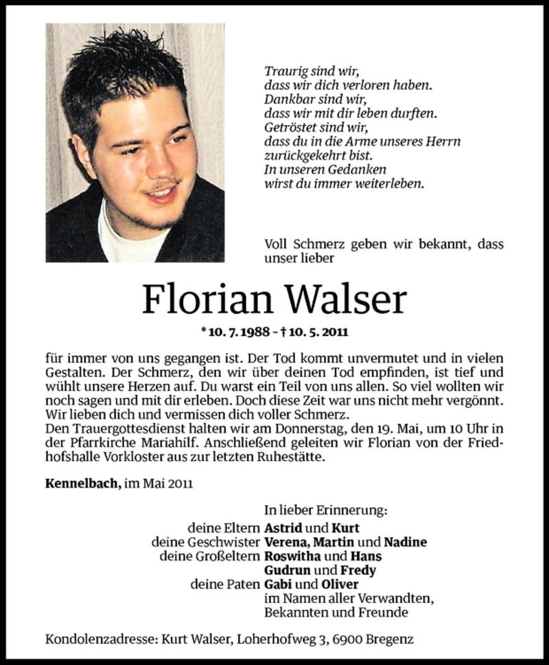  Todesanzeige für Florian Walser vom 17.05.2011 aus Vorarlberger Nachrichten