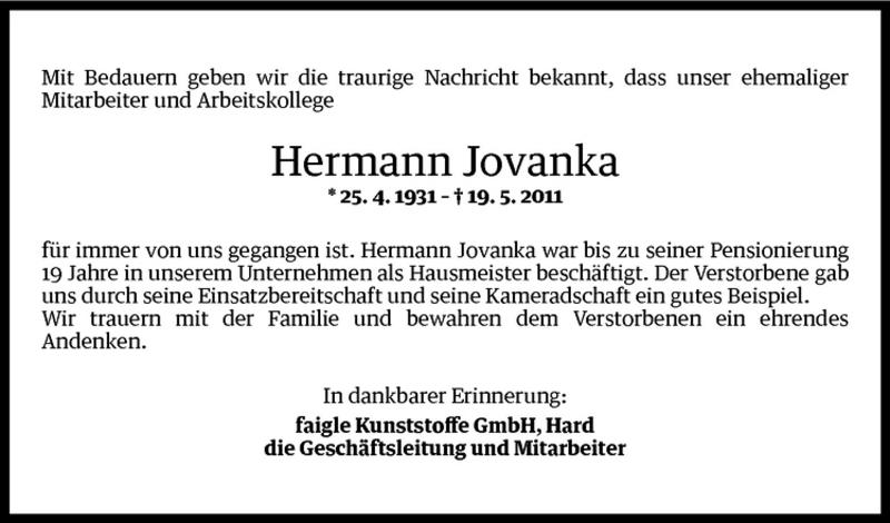  Todesanzeige für Hermann Jovanka vom 23.05.2011 aus Vorarlberger Nachrichten