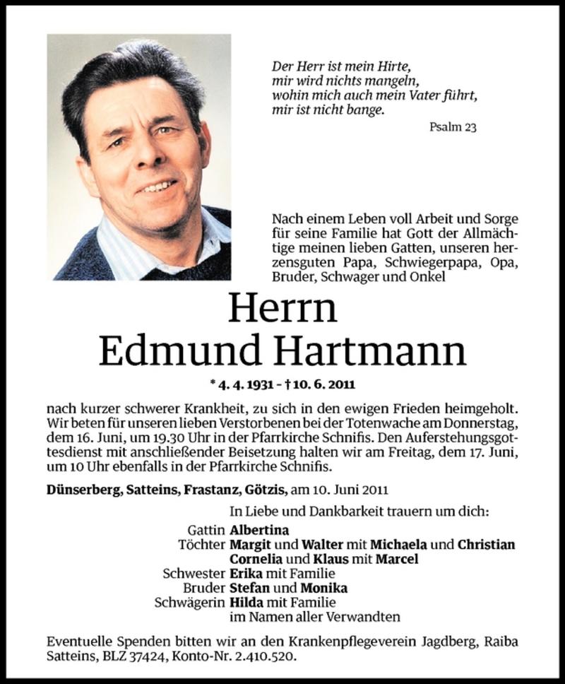  Todesanzeige für Edmund Hartmann vom 14.06.2011 aus Vorarlberger Nachrichten