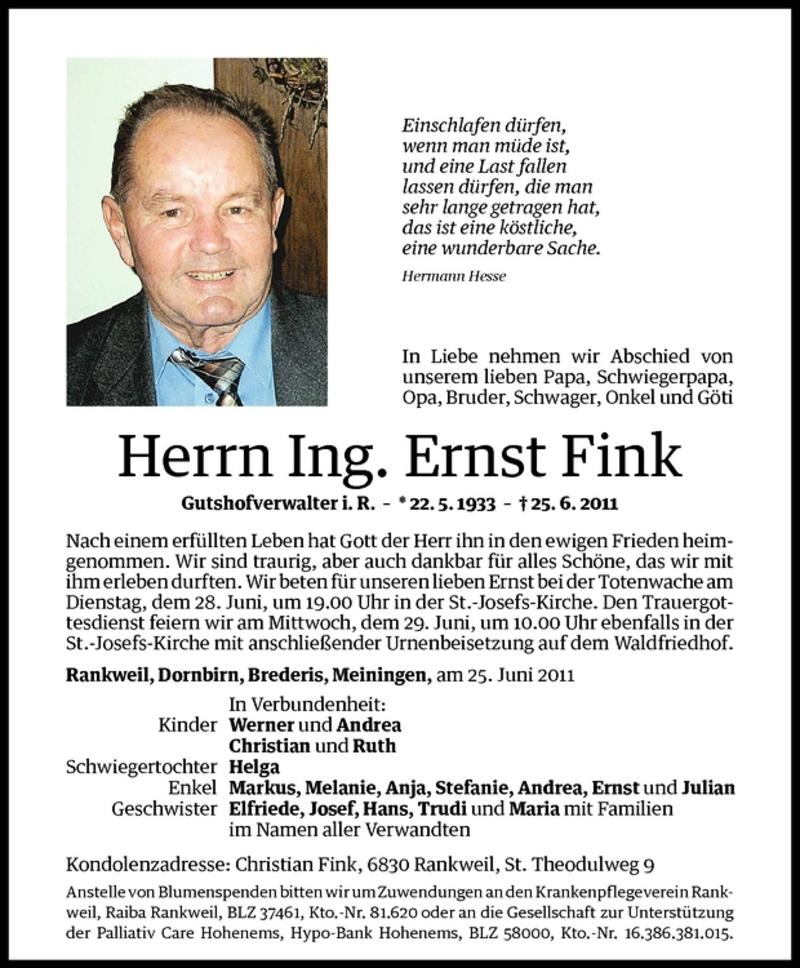  Todesanzeige für Ing. Ernst Fink vom 27.06.2011 aus Vorarlberger Nachrichten