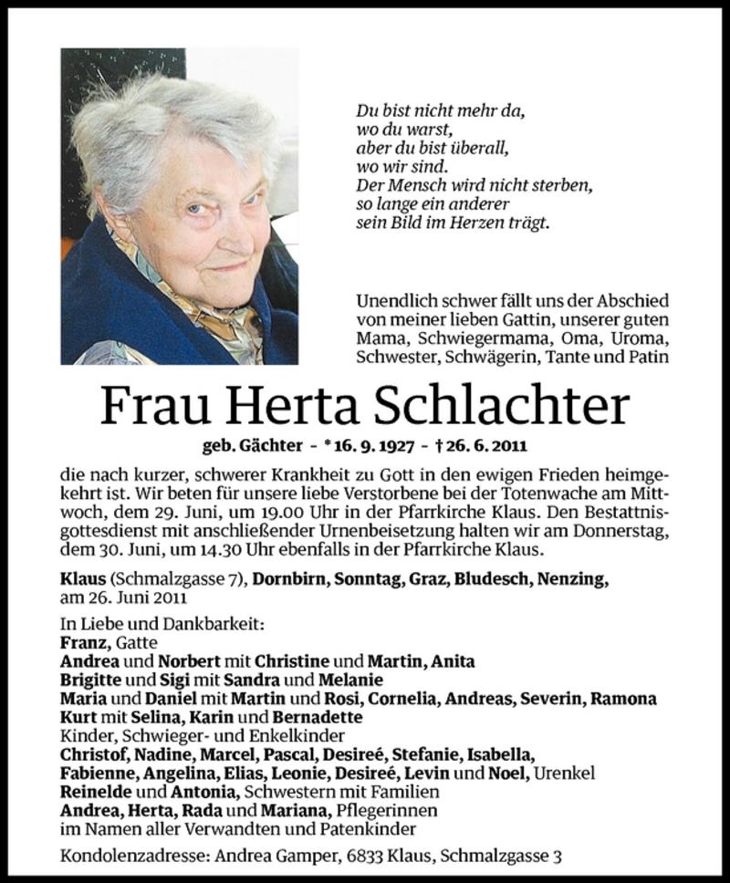  Todesanzeige für Herta Schlachter vom 28.06.2011 aus Vorarlberger Nachrichten