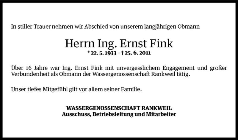  Todesanzeige für Ing. Ernst Fink vom 28.06.2011 aus Vorarlberger Nachrichten